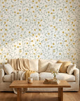 Golden Tulip Vine removable wallpaper with sage green vines and golden yellow flowers in bright living room