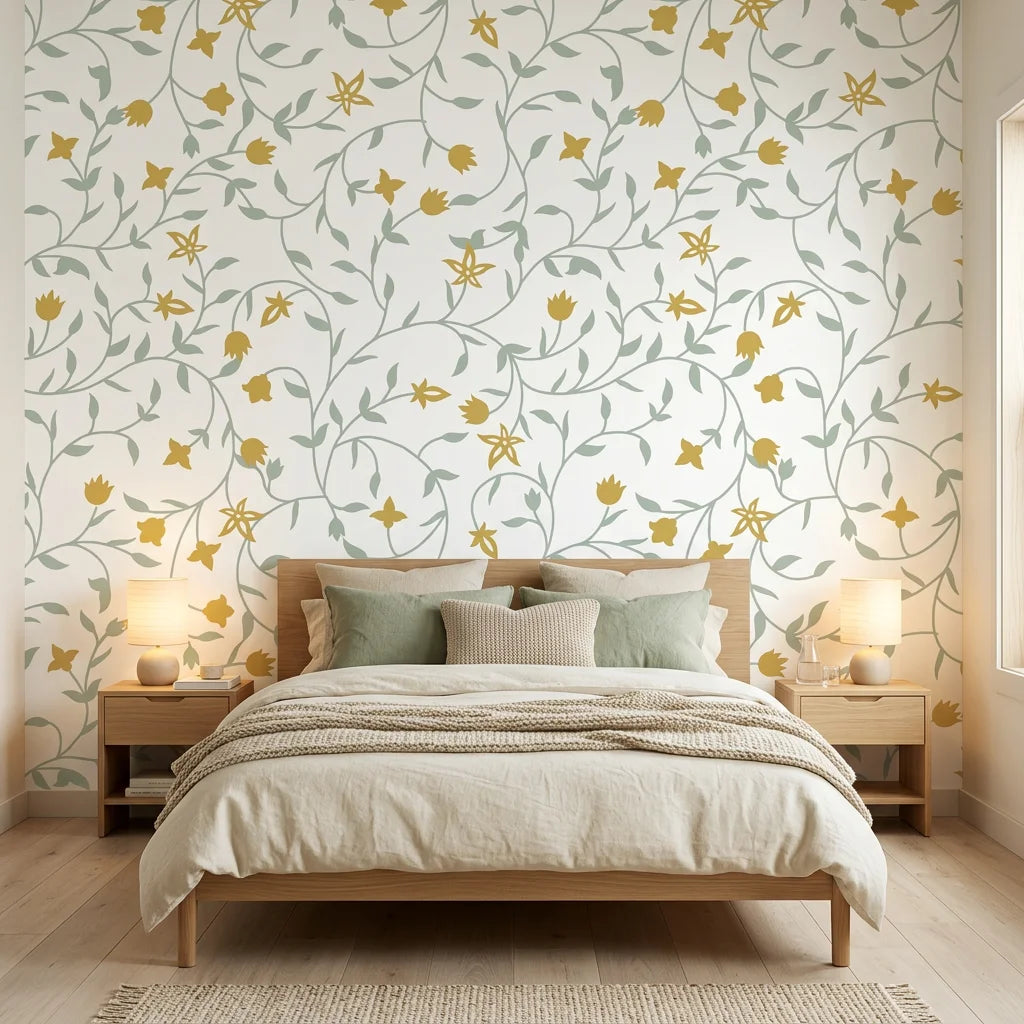 Linen textured Golden Tulip Vine wallpaper with sage green vines and golden yellow florals on cream backdrop