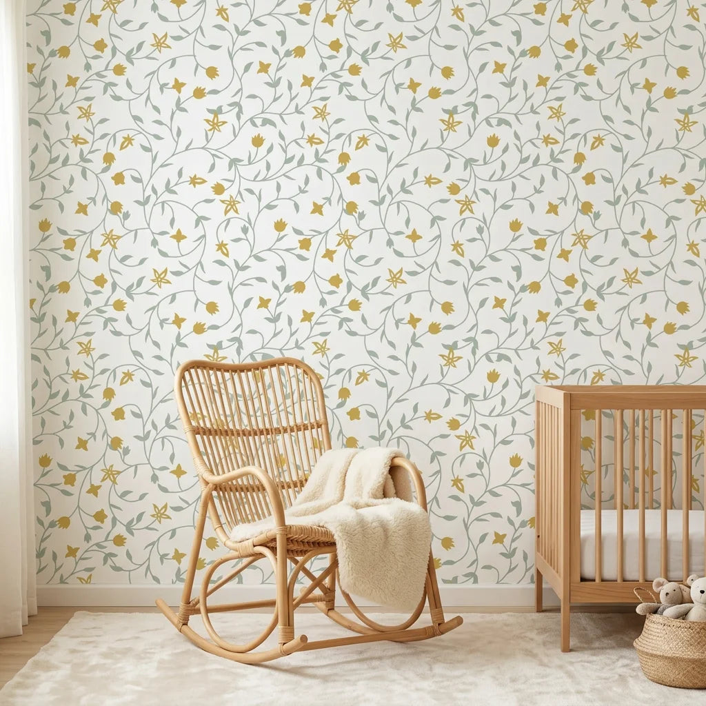 Golden Tulip Vine peel and stick wallpaper in sage green and mustard yellow adorning a serene nursery wall