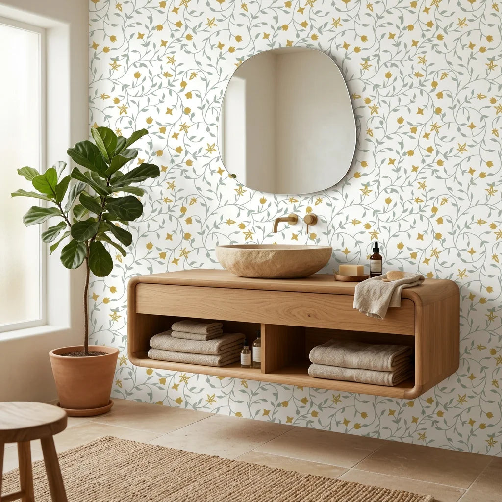 Yellow and sage Golden Tulip Vine peel and stick wallpaper in modern bathroom with natural wood vanity