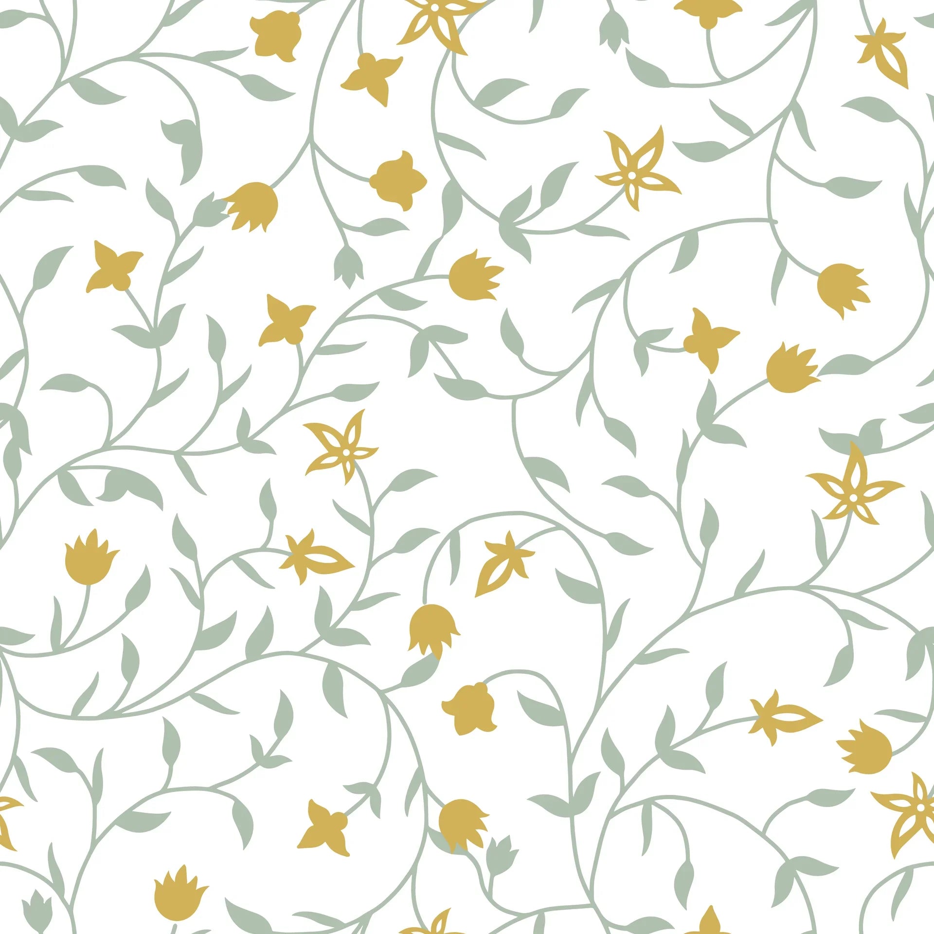 Cottage-style Golden Tulip Vine wallpaper with mustard flowers and sage green trailing vines on white background