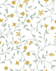 Cottage-style Golden Tulip Vine wallpaper with mustard flowers and sage green trailing vines on white background