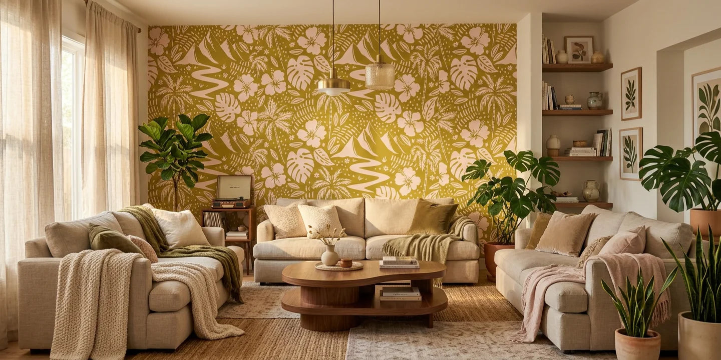 Golden Vista sunny landscape wallpaper in a warm and inviting living room