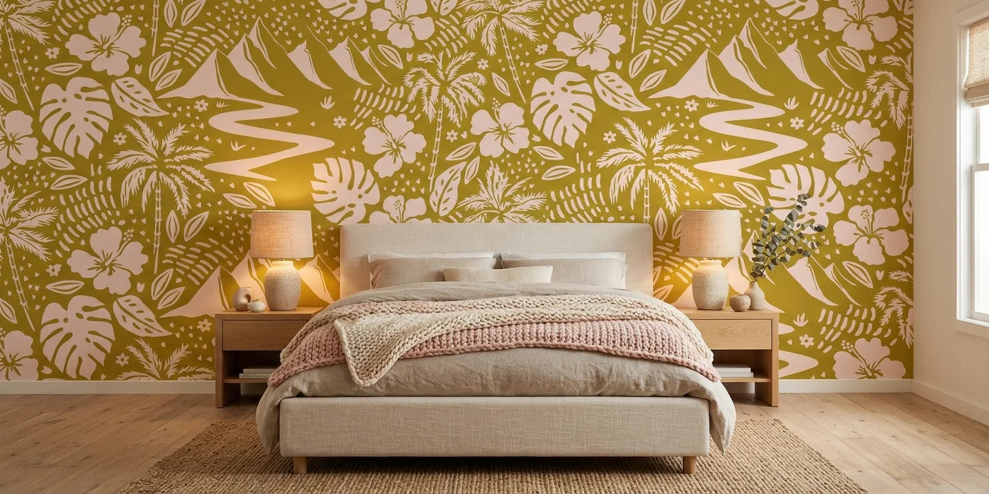 Golden Vista sunny landscape wallpaper adding character to a cozy bedroom