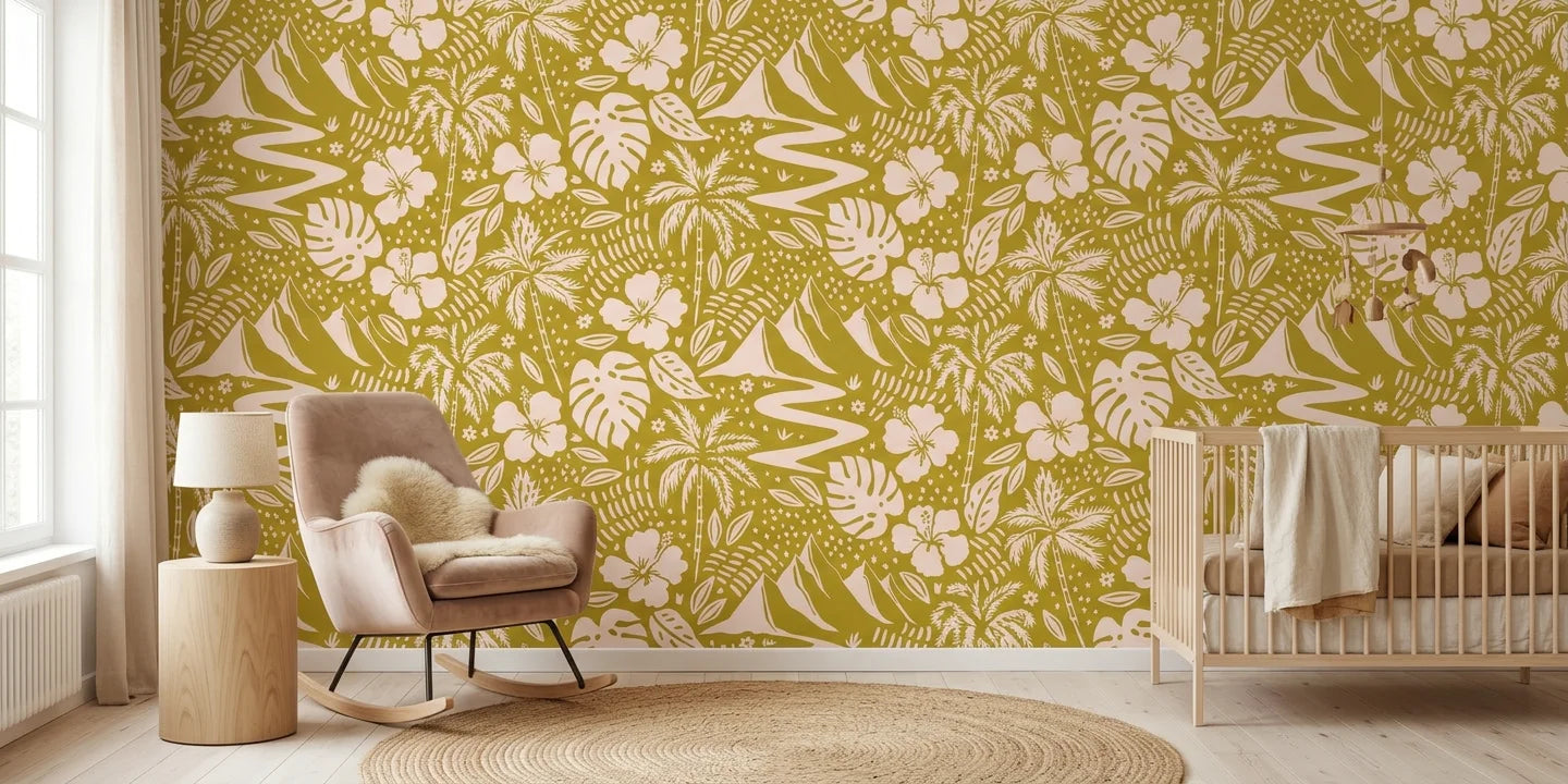 Golden Vista sunny landscape wallpaper as a feature wall in a bright home office