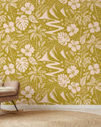 Golden Vista sunny landscape wallpaper as a feature wall in a bright home office
