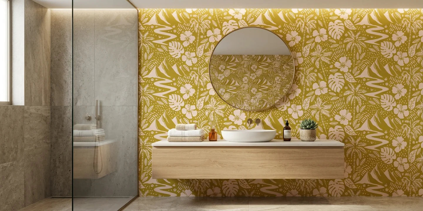 Golden Vista sunny landscape wallpaper creating ambiance in a serene bathroom