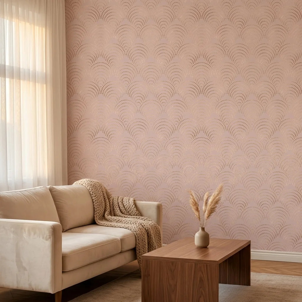 Golden Whisper blush pink and gold scallop arc wallpaper creating ambiance in a serene bathroom