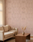 Golden Whisper blush pink and gold scallop arc wallpaper creating ambiance in a serene bathroom