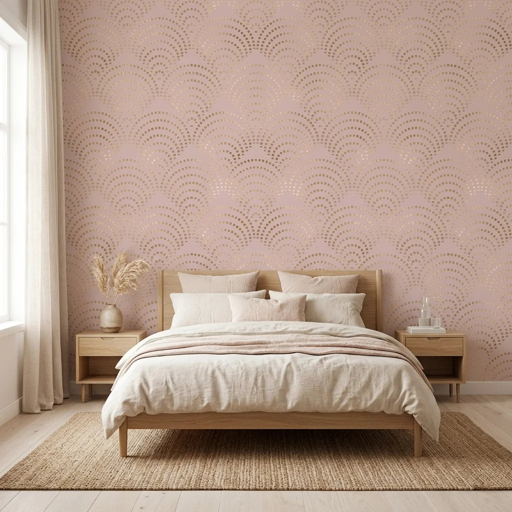 Golden Whisper blush pink and gold scallop arc wallpaper in a warm and inviting living room