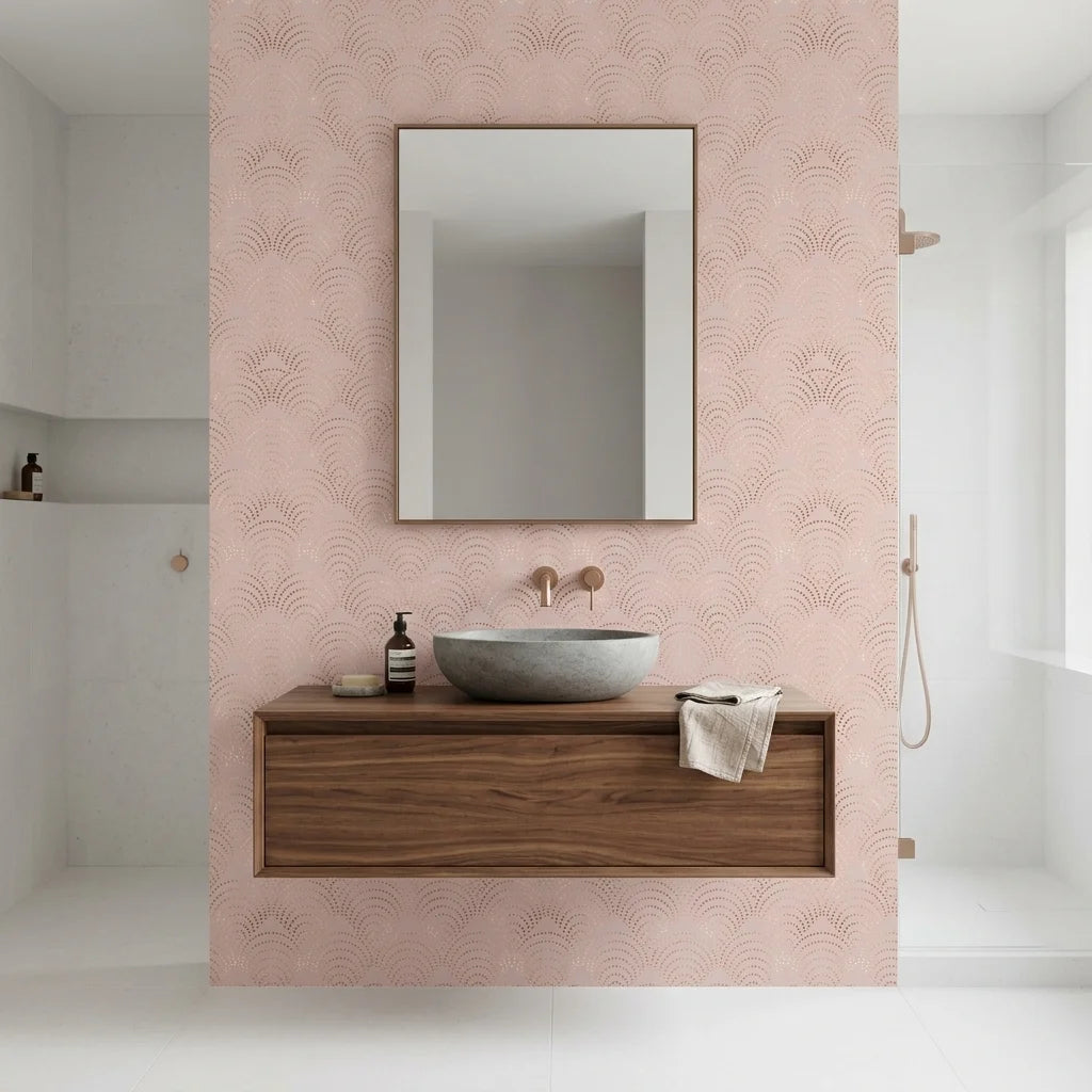 Golden Whisper blush pink and gold scallop arc wallpaper as a feature wall in a bright home office