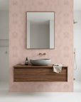 Golden Whisper blush pink and gold scallop arc wallpaper as a feature wall in a bright home office