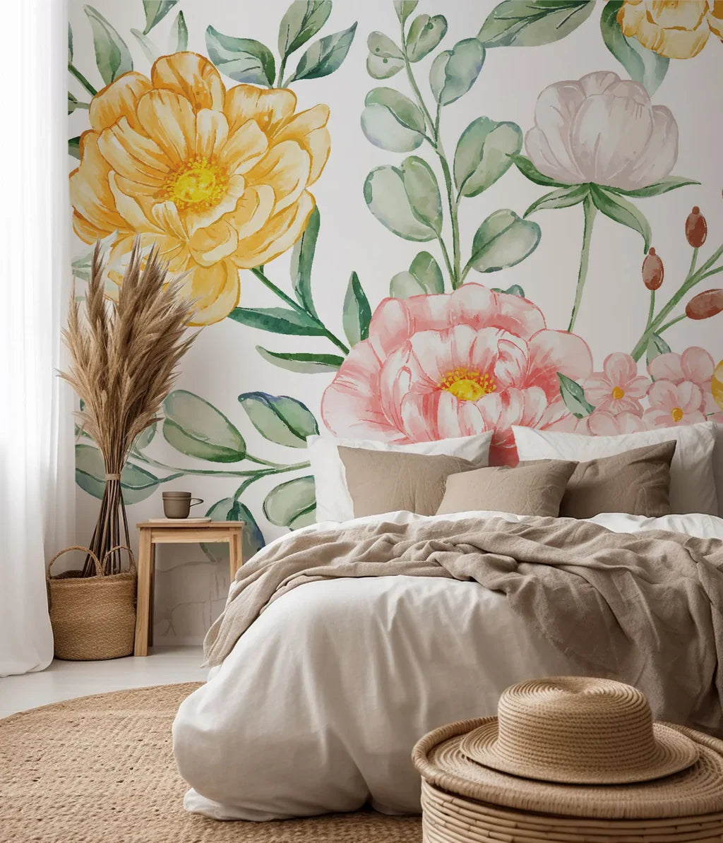 A watercolor-style self-adhesive wall covering featuring a pink and yellow floral motif, named Golden Blush