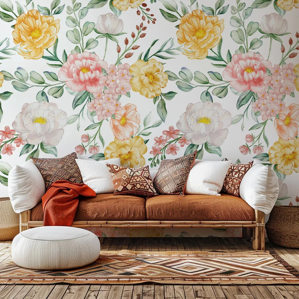 Self-adhesive wall covering with a pink and yellow watercolor floral pattern, known as Golden Blush