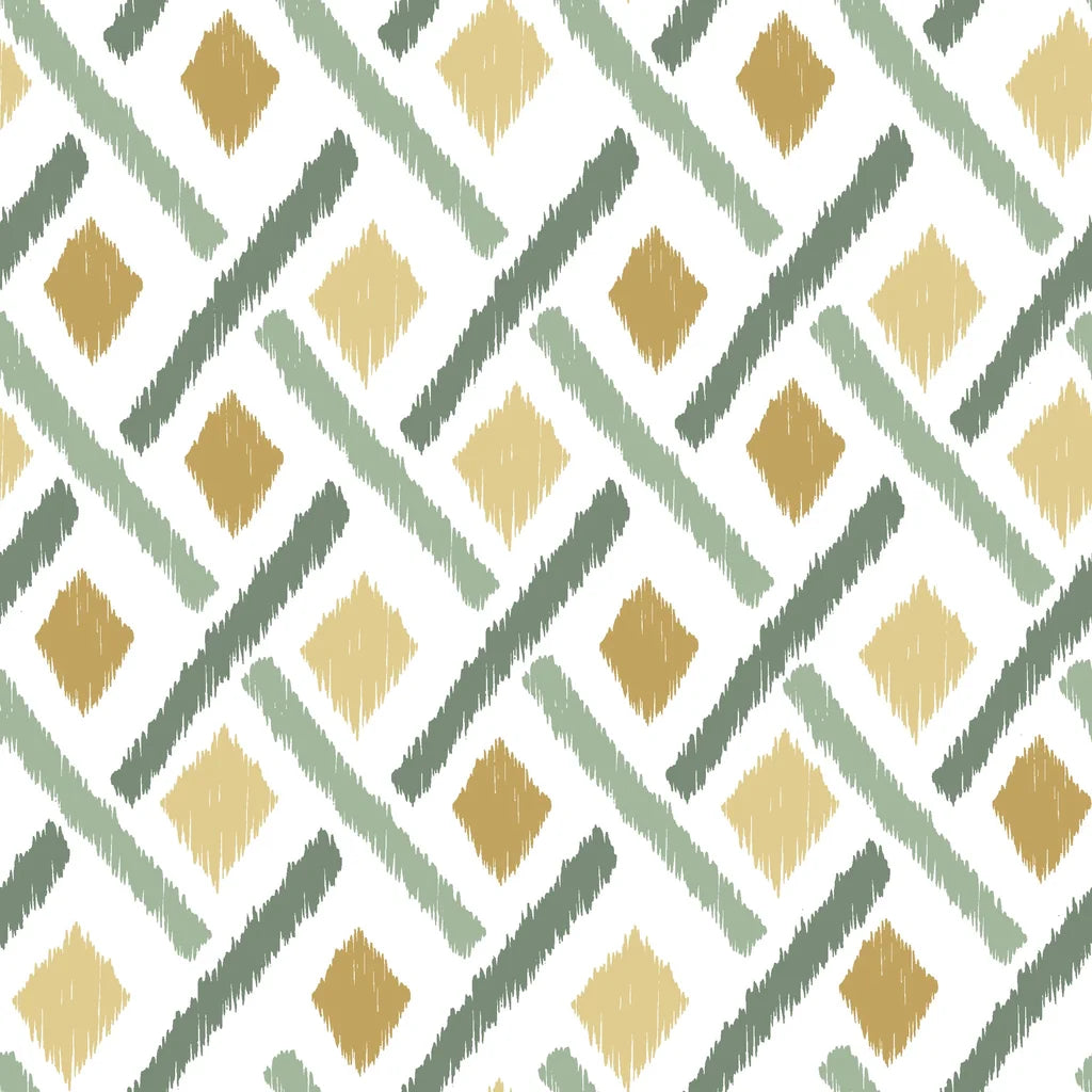 A hand-painted wall covering featuring geometric, soft diamond forms and visible, angled brushwork in shades of sage green, olive, and warm ochre on a white base.