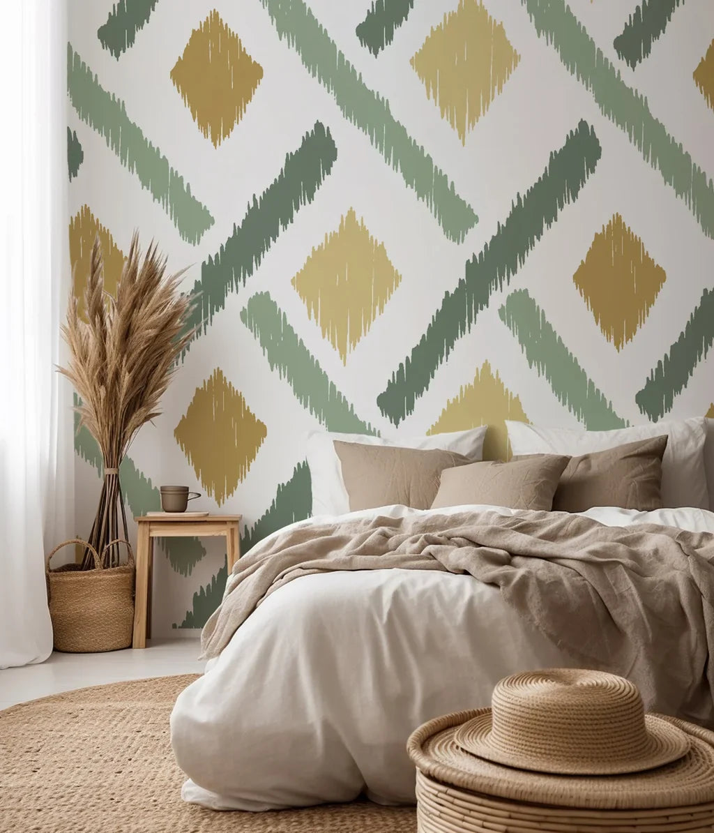 Artisan wallpaper showcasing angled brush strokes that form a gentle, geometric diamond pattern. The colors are applied in olive, sage green, and warm ochre on a crisp white ground