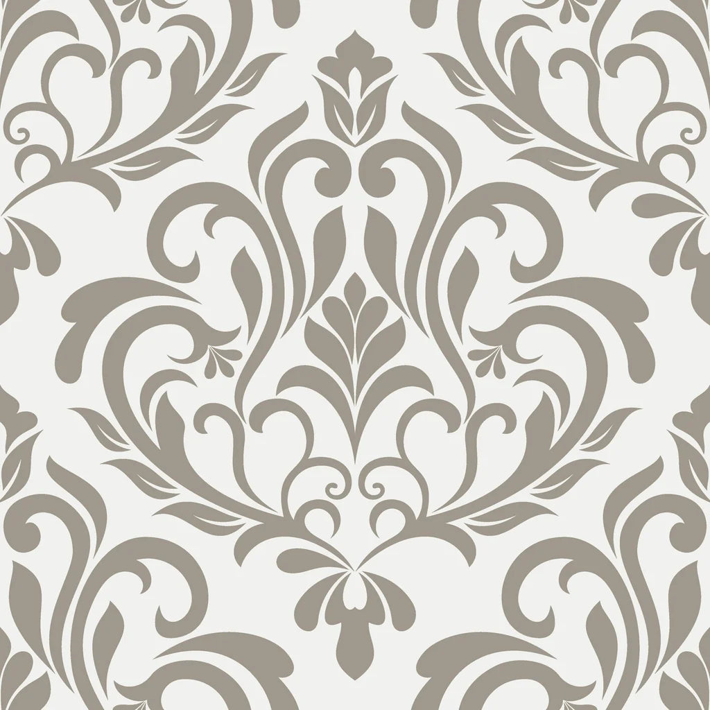 Elegant taupe and cream Golden Leaf Waltz damask wallpaper with ornate scrollwork and botanical motifs