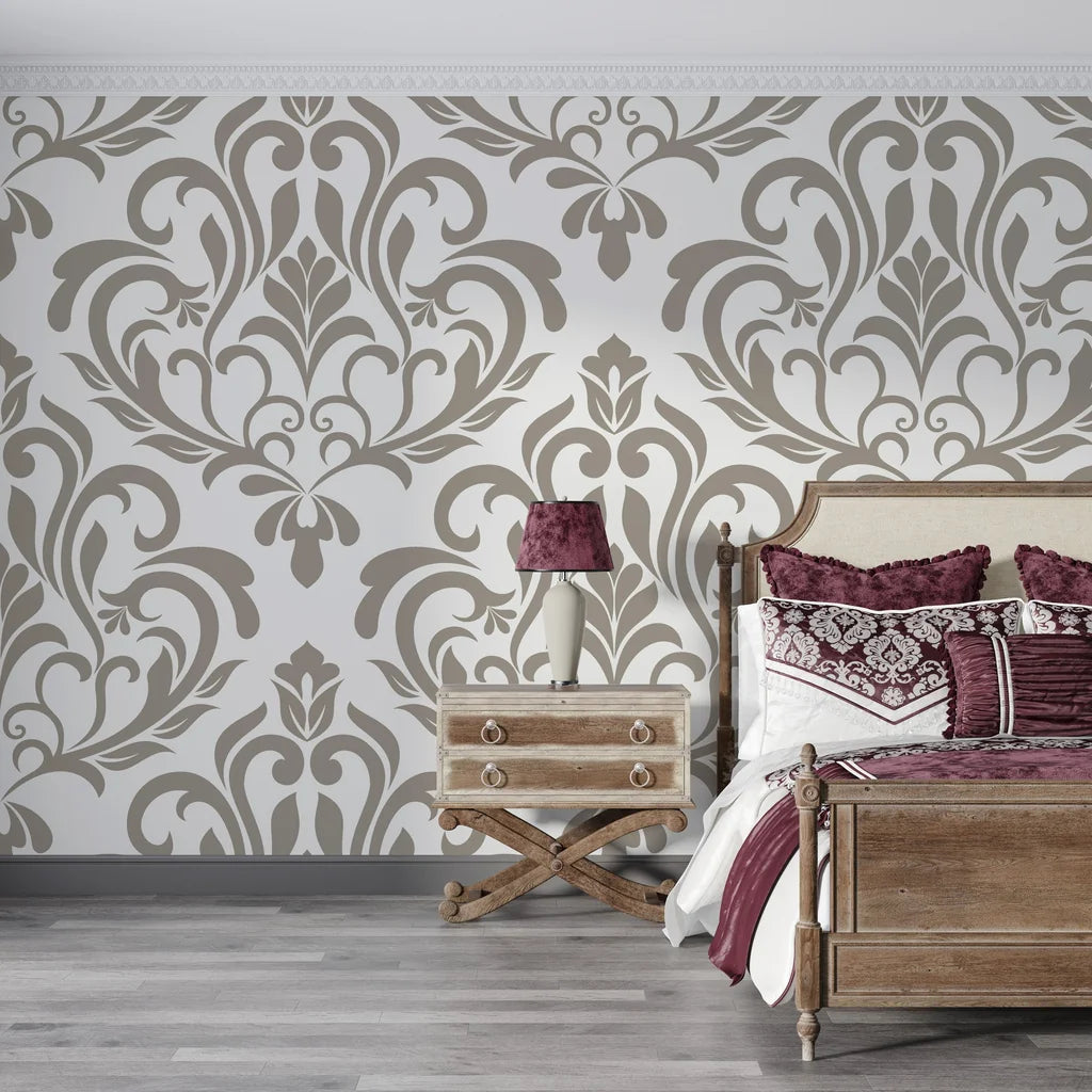 Taupe and cream Golden Leaf Waltz damask wallpaper creating an elegant bedroom accent wall