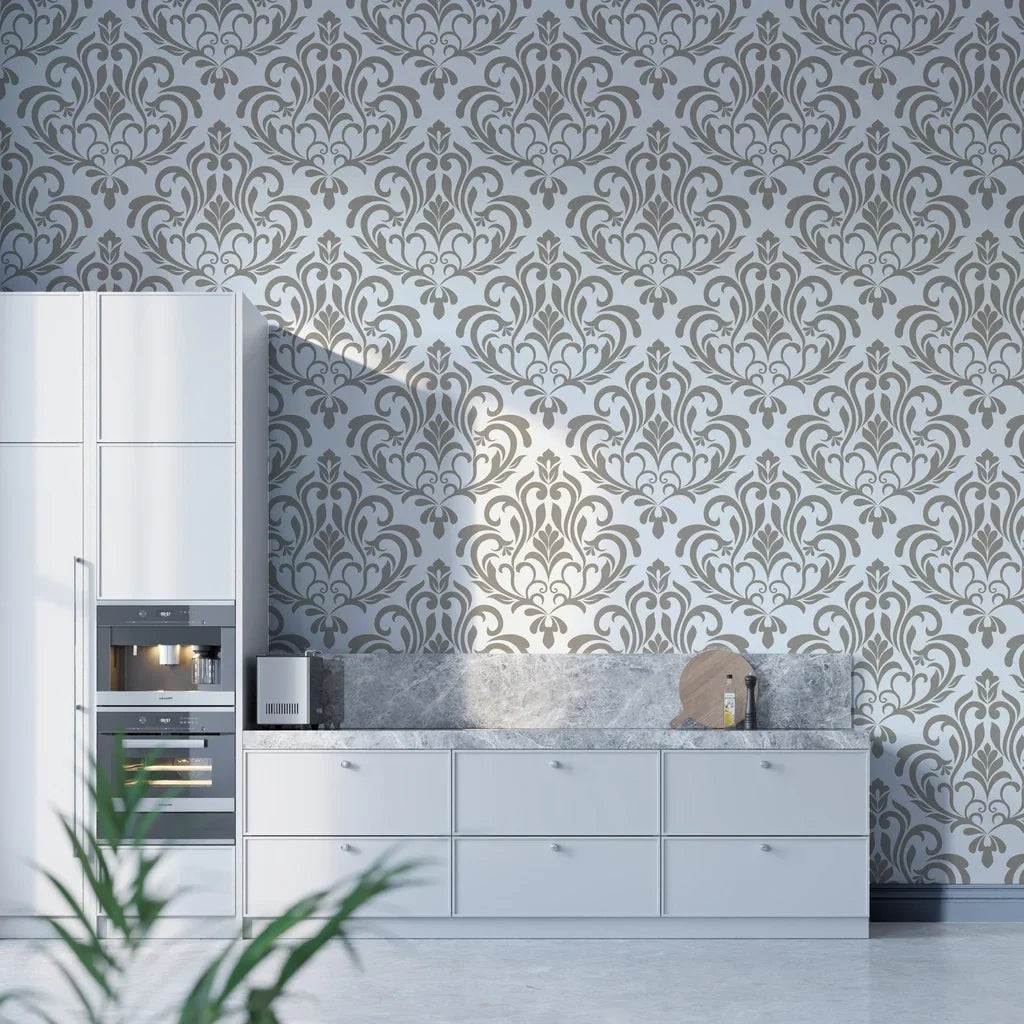 Linen textured Golden Leaf Waltz wallpaper showing silver-blue and taupe damask scrollwork in modern kitchen setting