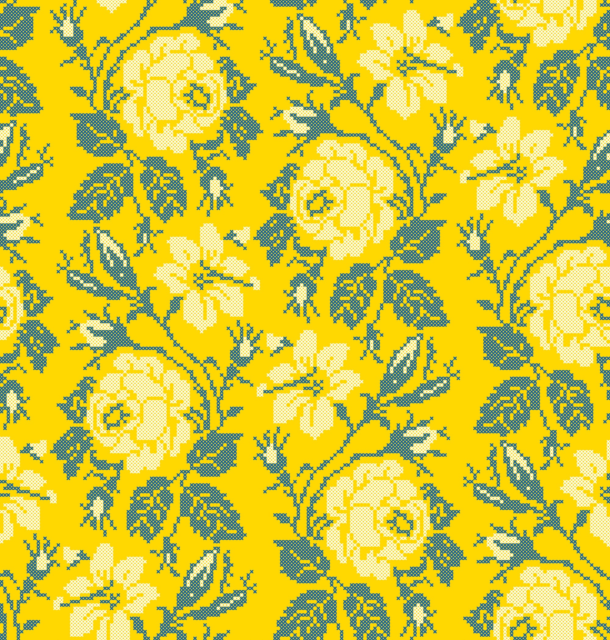 Textured golden yellow cross stitch peel and stick wallpaper - Golden Stitch Garden