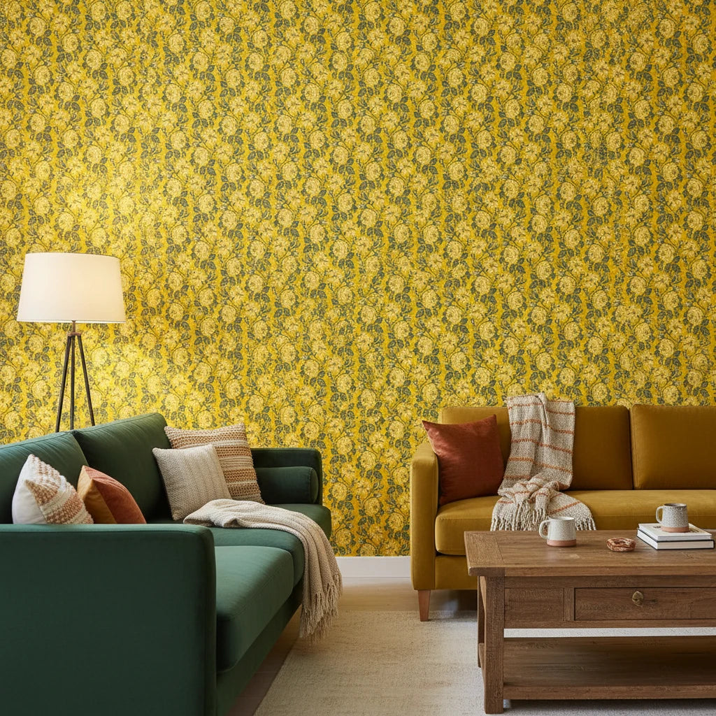 Golden Stitch Garden golden yellow floral wallpaper in a warm and inviting living room