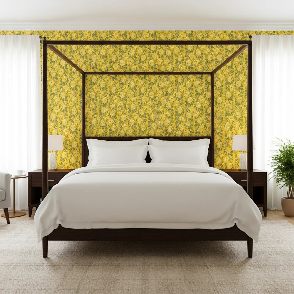 Golden Stitch Garden golden yellow floral wallpaper adding character to a cozy bedroom