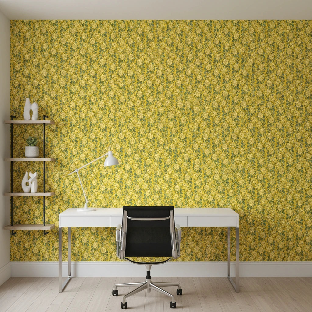 Golden Stitch Garden golden yellow floral wallpaper as a feature wall in a bright home office