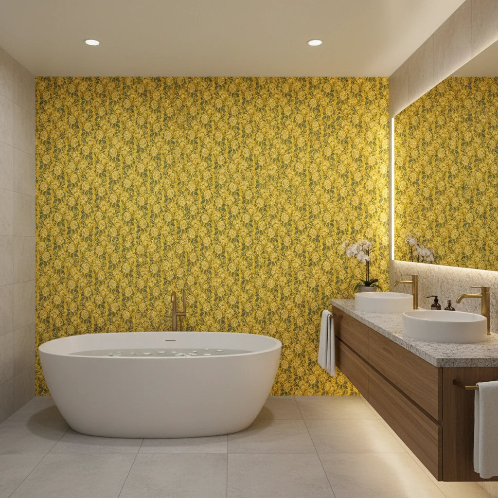 Golden Stitch Garden golden yellow floral wallpaper creating ambiance in a serene bathroom