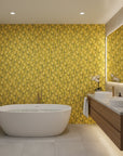 Golden Stitch Garden golden yellow floral wallpaper creating ambiance in a serene bathroom