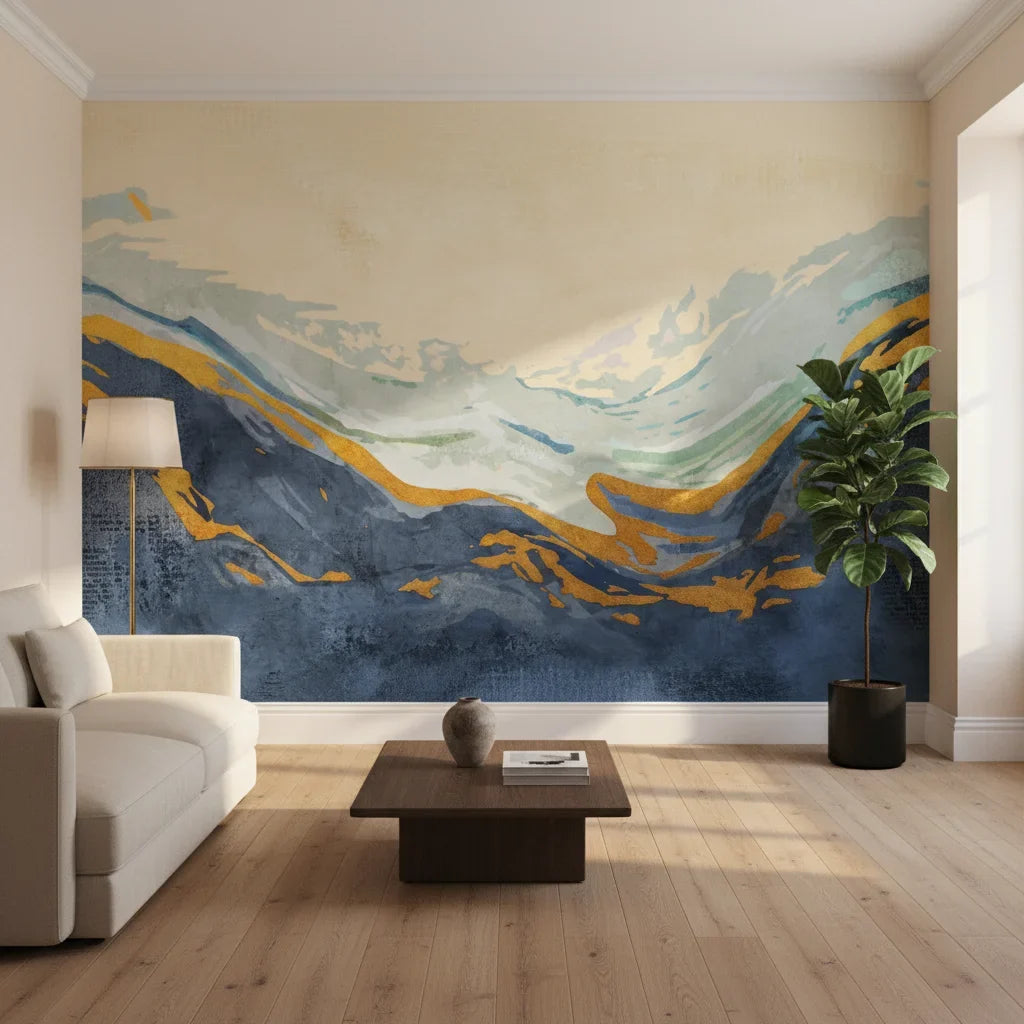 Golden Summit bold navy and gold mountain in a warm and inviting living room