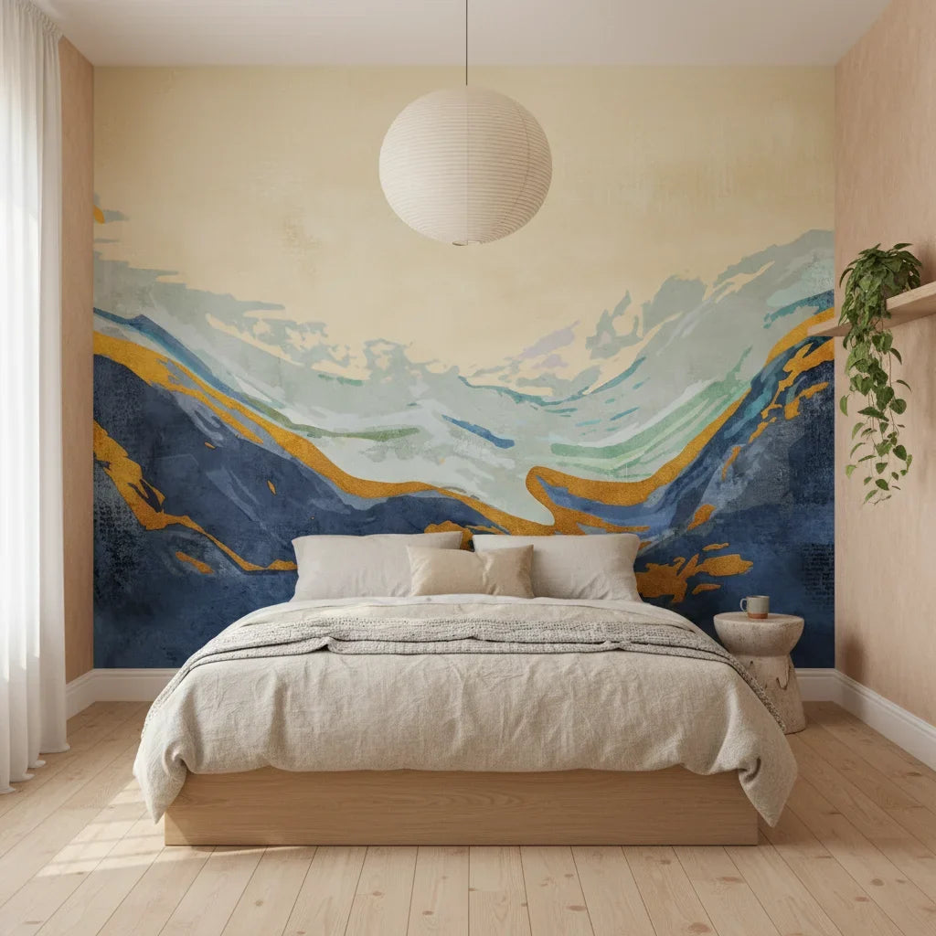 Golden Summit bold navy and gold mountain adding character to a cozy bedroom