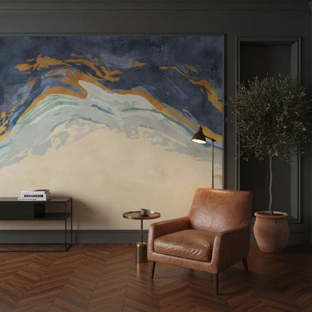 Golden Summit bold navy and gold mountain as a feature wall in a bright home office