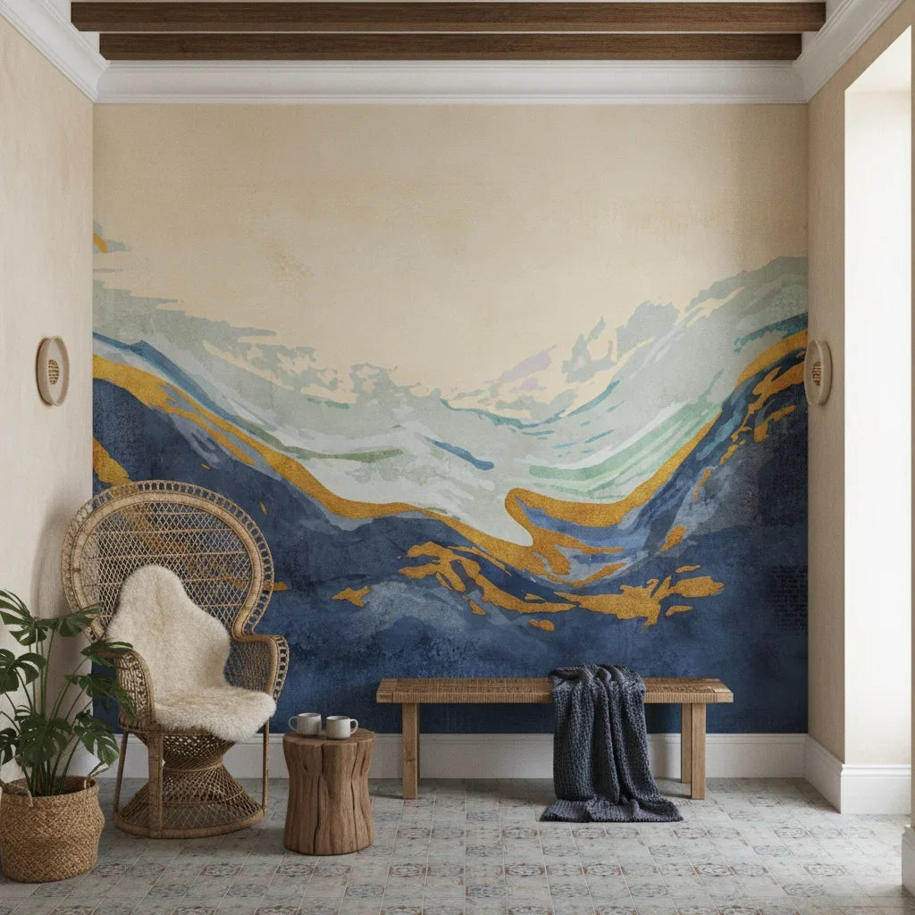 Golden Summit bold navy and gold mountain creating ambiance in a serene bathroom