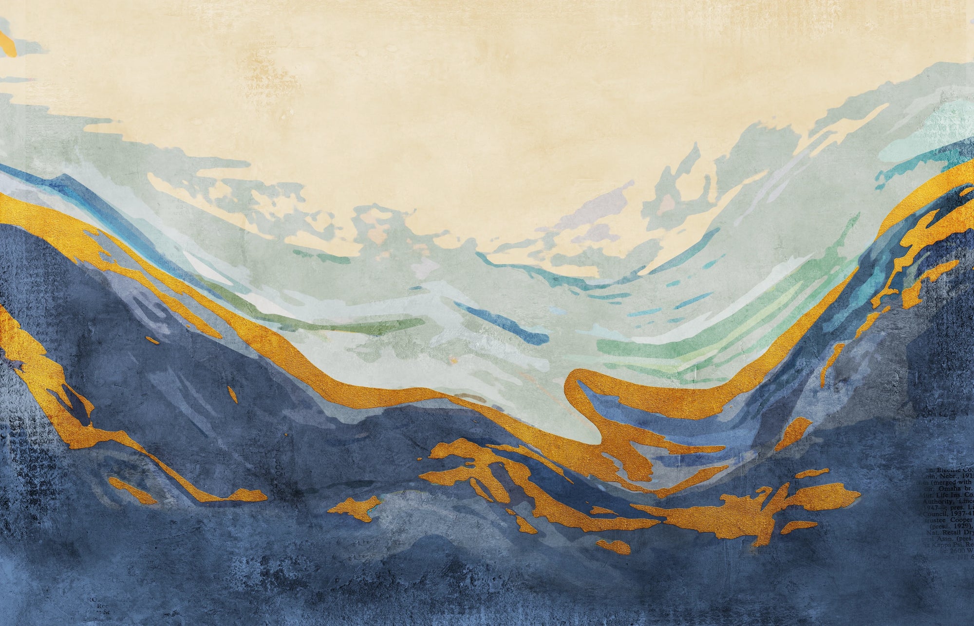 Textured peel and stick wallpaper with navy gold mountain landscape - Golden Summit