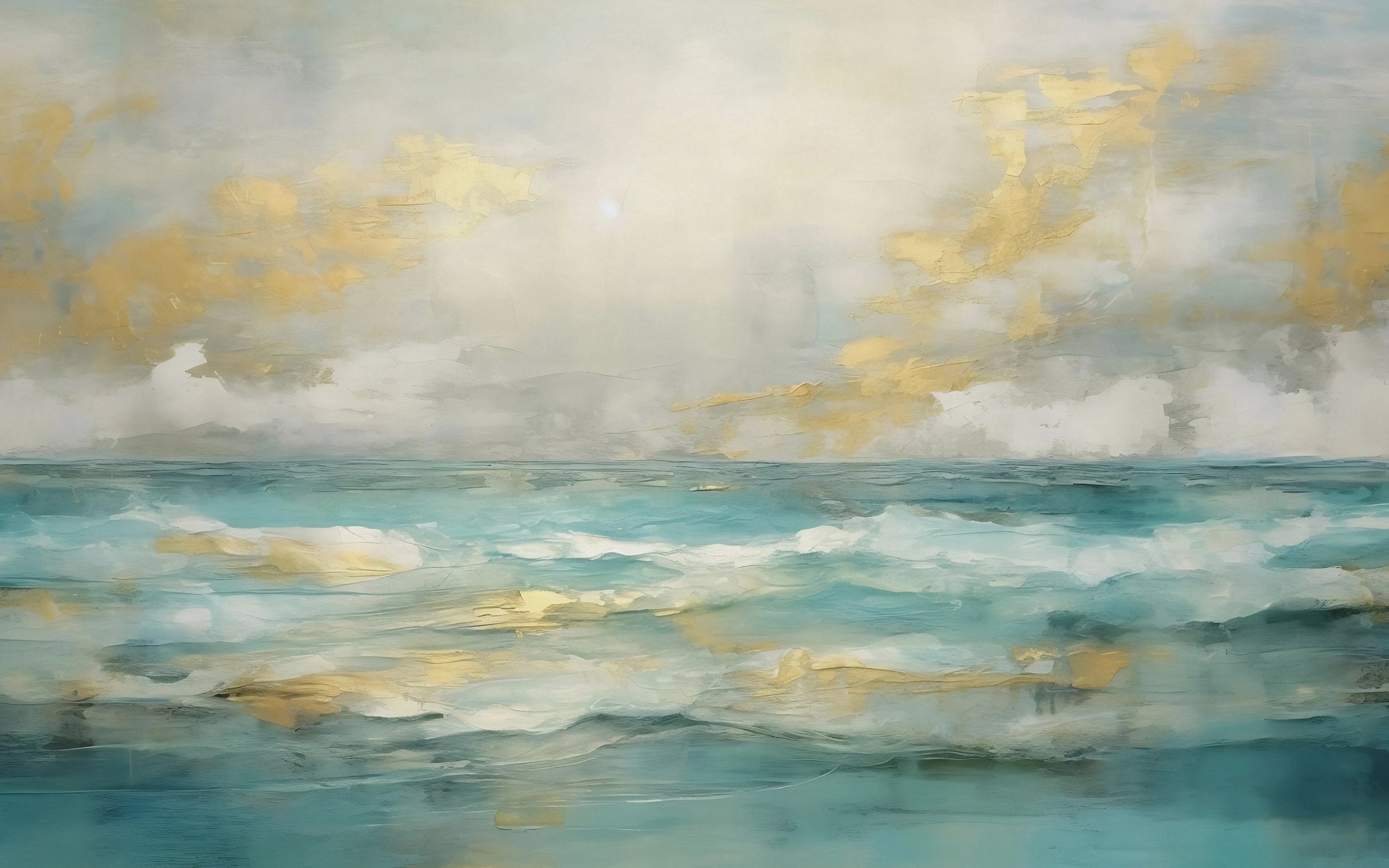 Canvas-like peel and stick wallpaper with turquoise gold ocean waves - Golden Tide