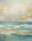 Canvas-like peel and stick wallpaper with turquoise gold ocean waves - Golden Tide
