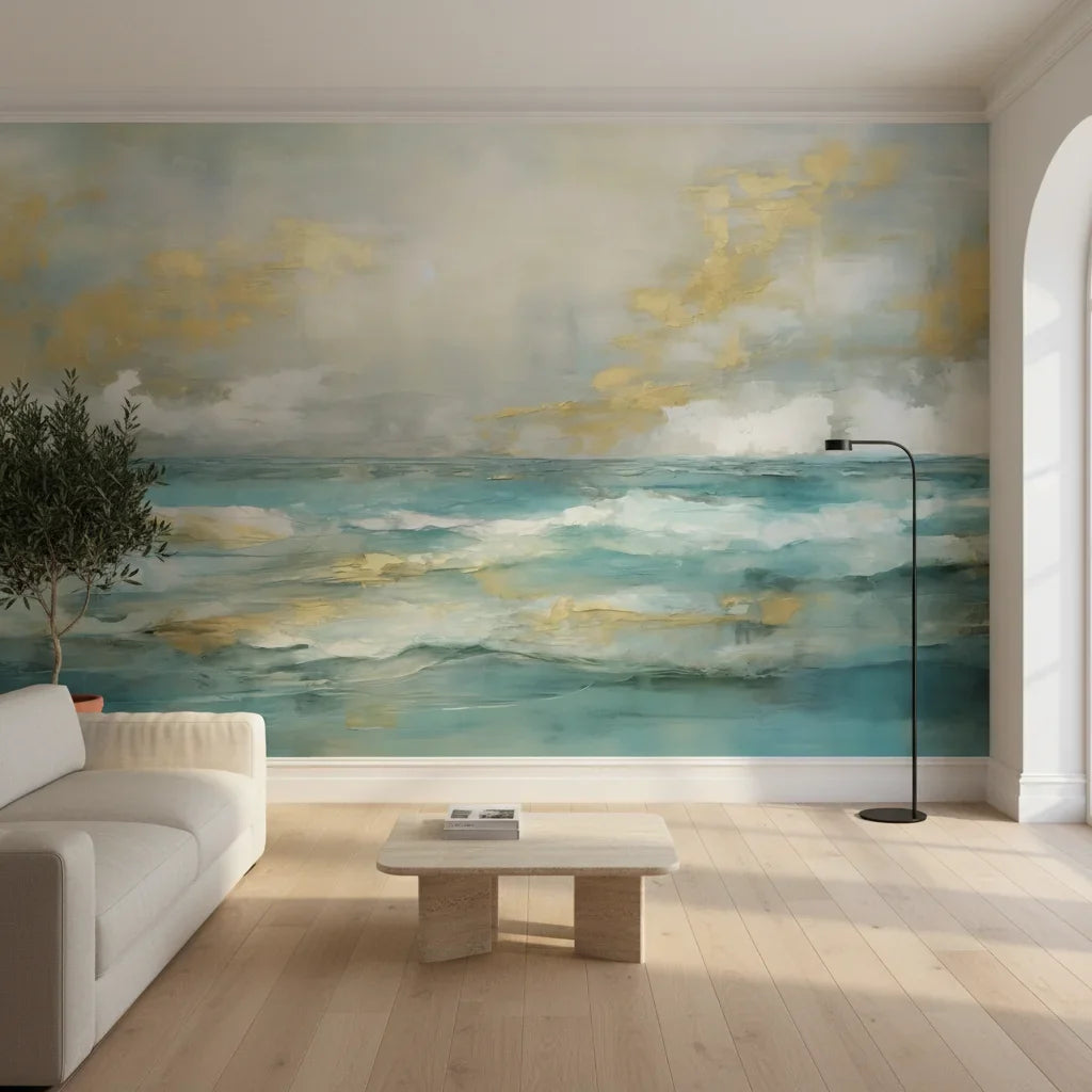 Golden Tide serene turquoise and gold ocean in a warm and inviting living room