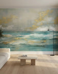Golden Tide serene turquoise and gold ocean in a warm and inviting living room