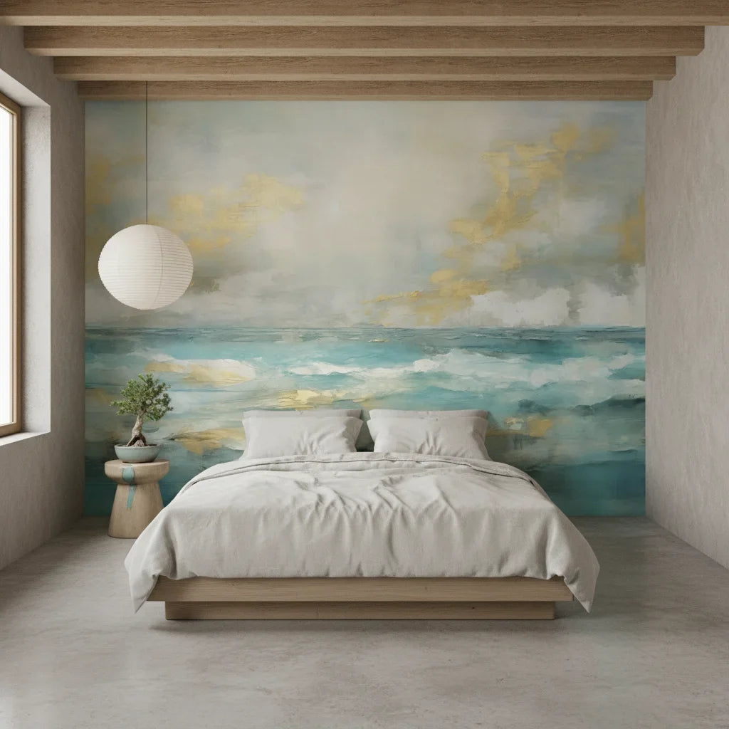 Golden Tide serene turquoise and gold ocean adding character to a cozy bedroom