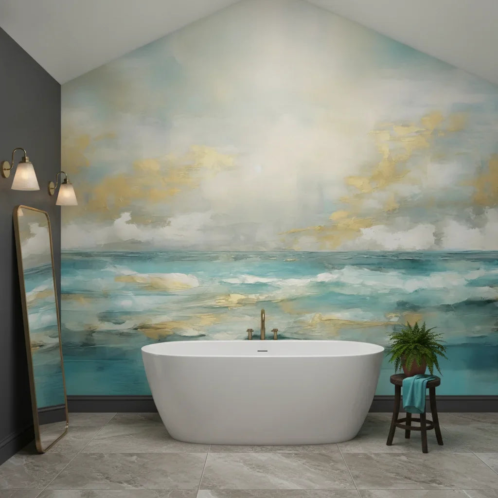 Golden Tide serene turquoise and gold ocean as a feature wall in a bright home office