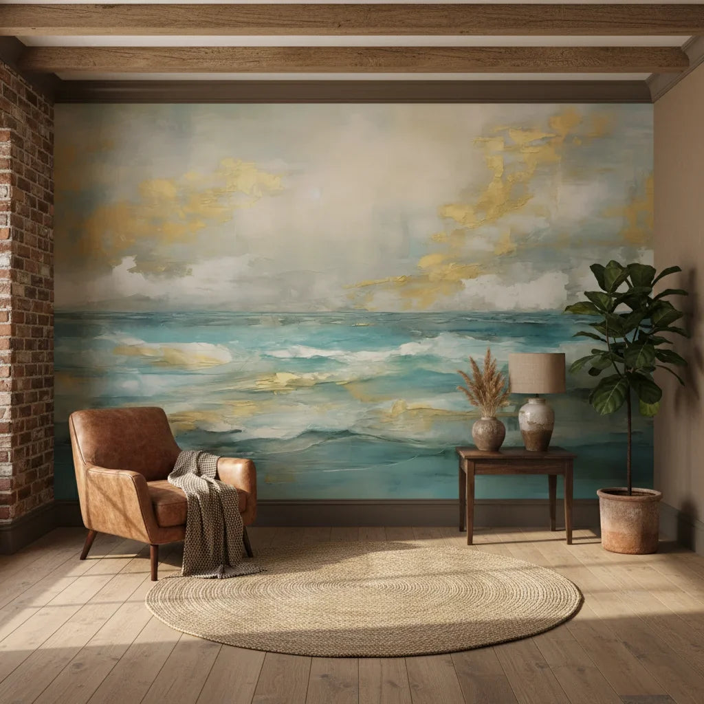 Golden Tide serene turquoise and gold ocean creating ambiance in a serene bathroom