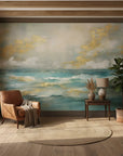 Golden Tide serene turquoise and gold ocean creating ambiance in a serene bathroom