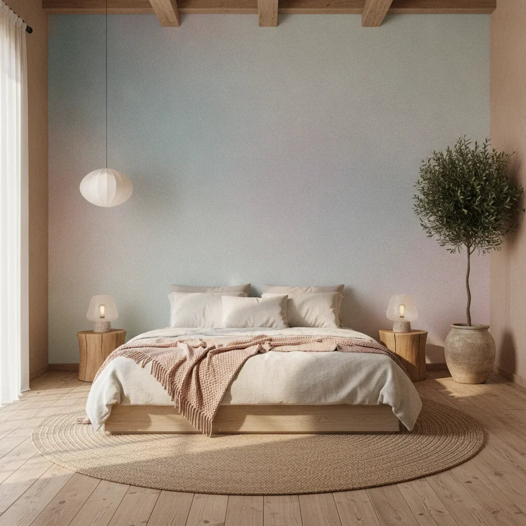 Gradient Mist soft blue and blush ombre in a warm and inviting living room