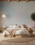 Gradient Mist soft blue and blush ombre in a warm and inviting living room