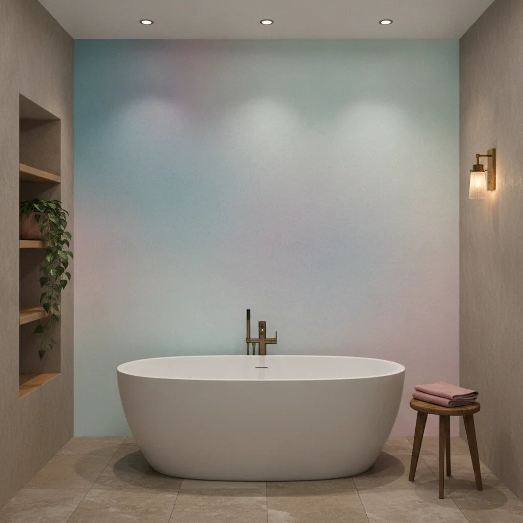 Gradient Mist soft blue and blush ombre as a feature wall in a bright home office