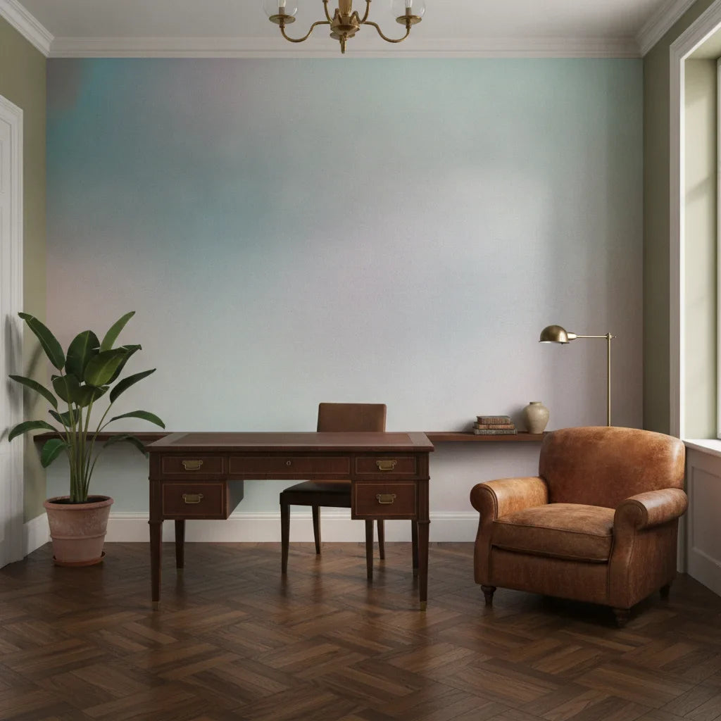 Gradient Mist soft blue and blush ombre creating ambiance in a serene bathroom