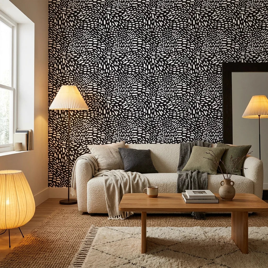 Grain Shift minimalist dash wallpaper in a warm and inviting living room