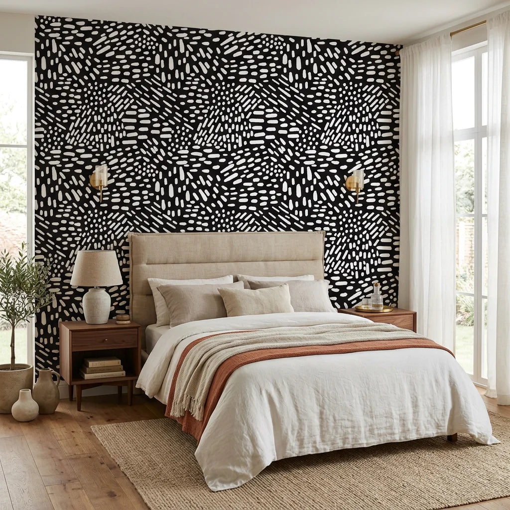Grain Shift minimalist dash wallpaper adding character to a cozy bedroom