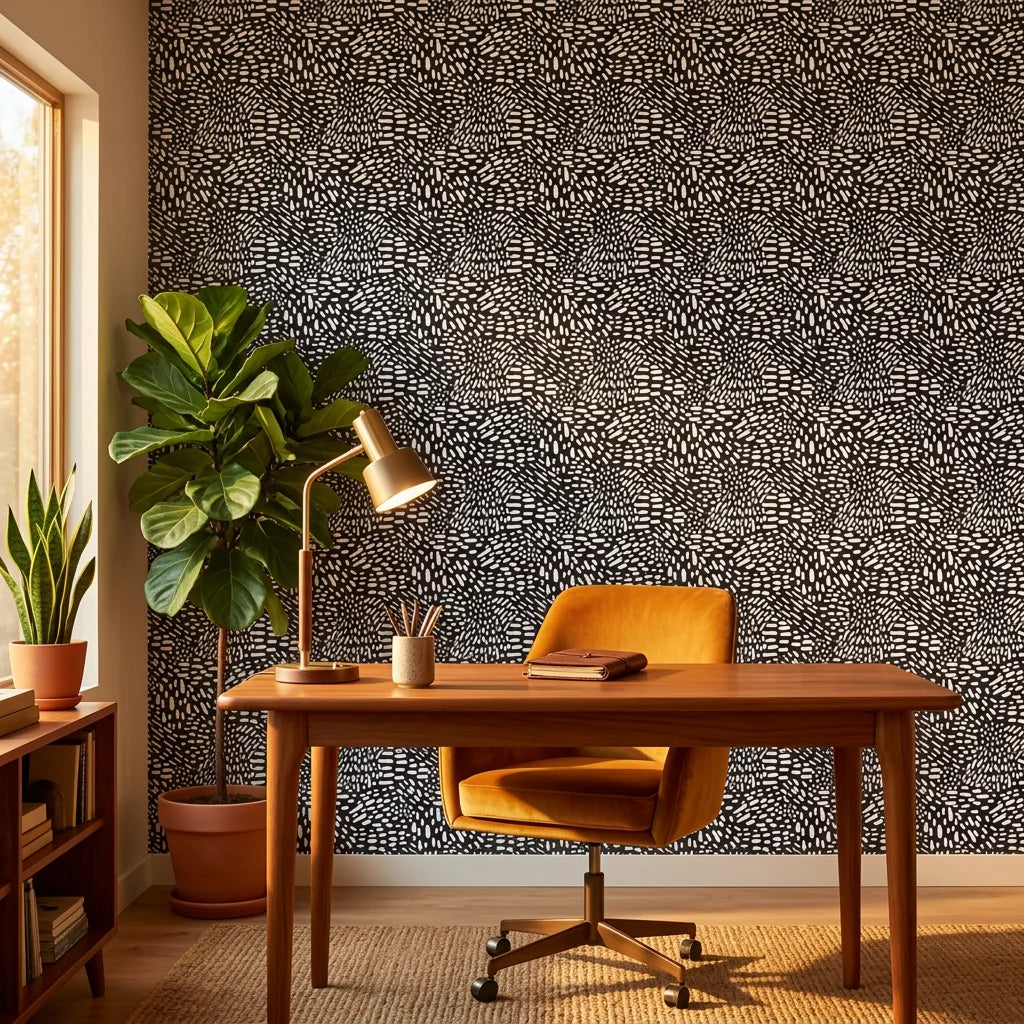 Grain Shift minimalist dash wallpaper as a feature wall in a bright home office
