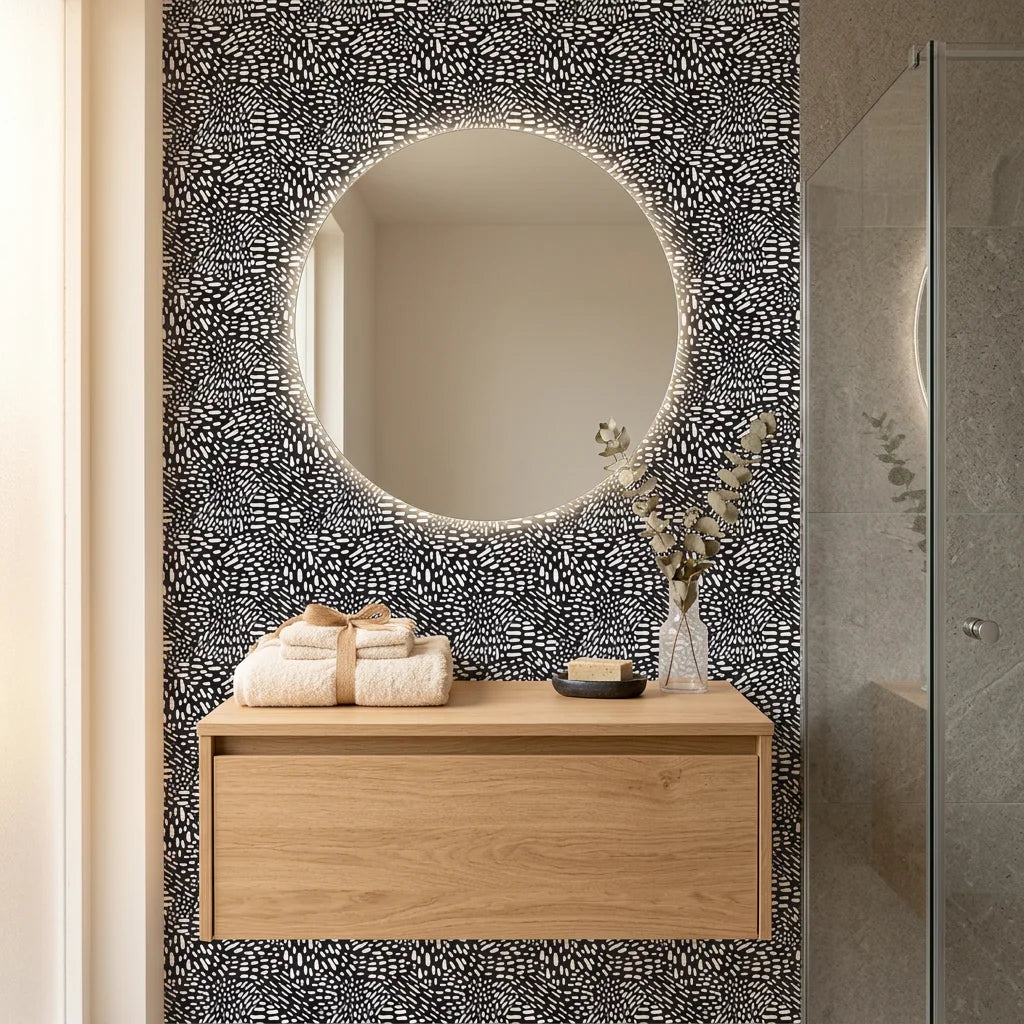 Grain Shift minimalist dash wallpaper creating ambiance in a serene bathroom